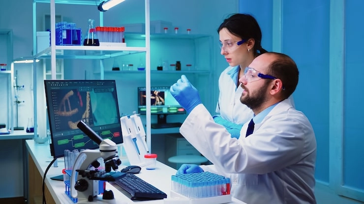 Two scientists in a laboratory, analyzing data on a computer screen while surrounded by lab equipment