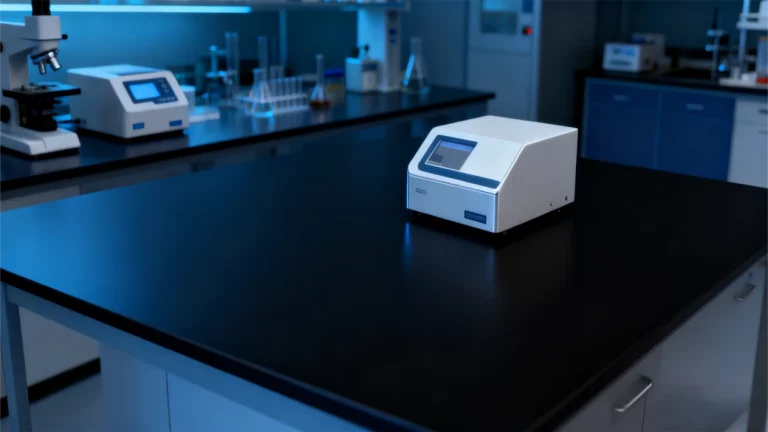 laboratory equipment on black countertop in a modern lab with blue lighting