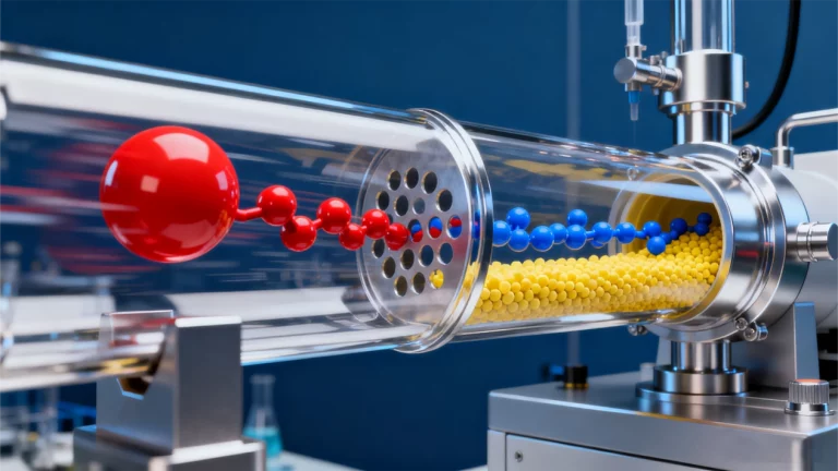 scientific equipment with colorful molecular structures and yellow beads in a lab setting